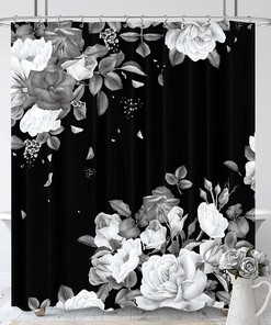 Black Floral White Blossom Roses Unique Modern Art Printed Shower Curtain
