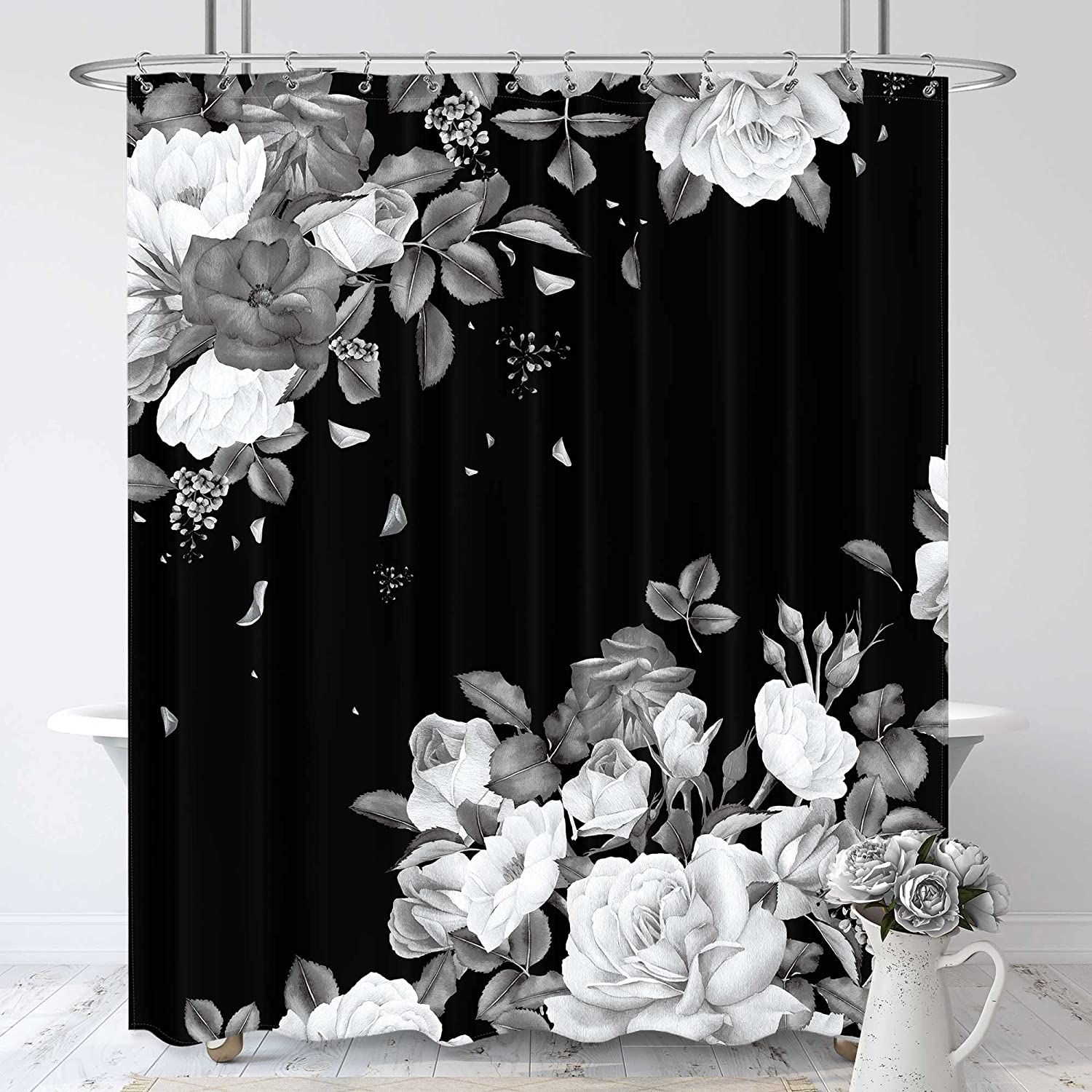 Black Floral White Blossom Roses Unique Modern Art Printed Shower Curtain