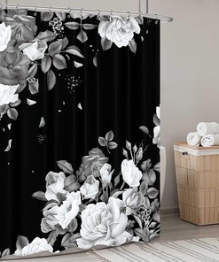 Black Floral White Blossom Roses Unique Modern Art Printed Shower Curtain