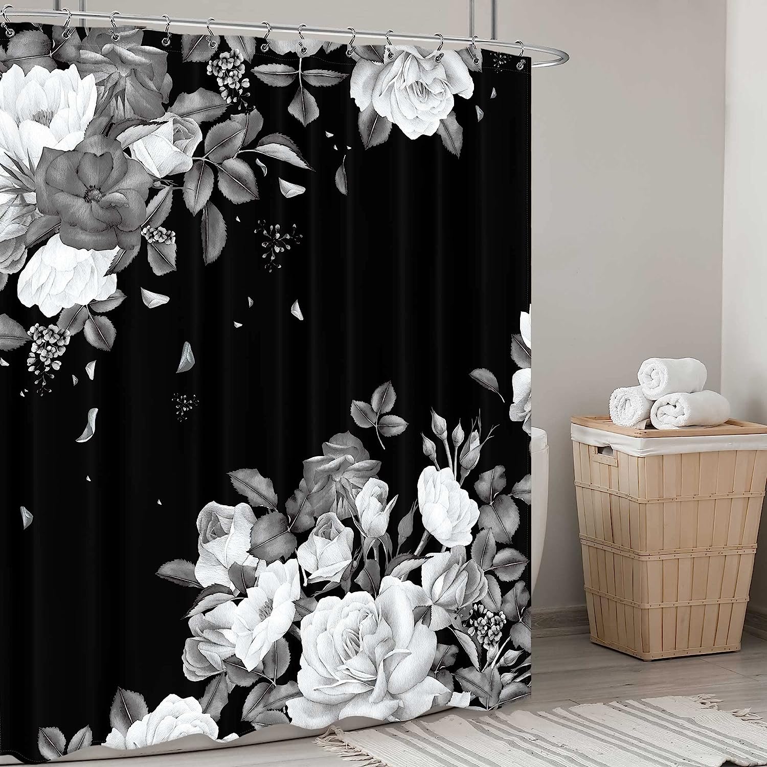 Black Floral White Blossom Roses Unique Modern Art Printed Shower Curtain