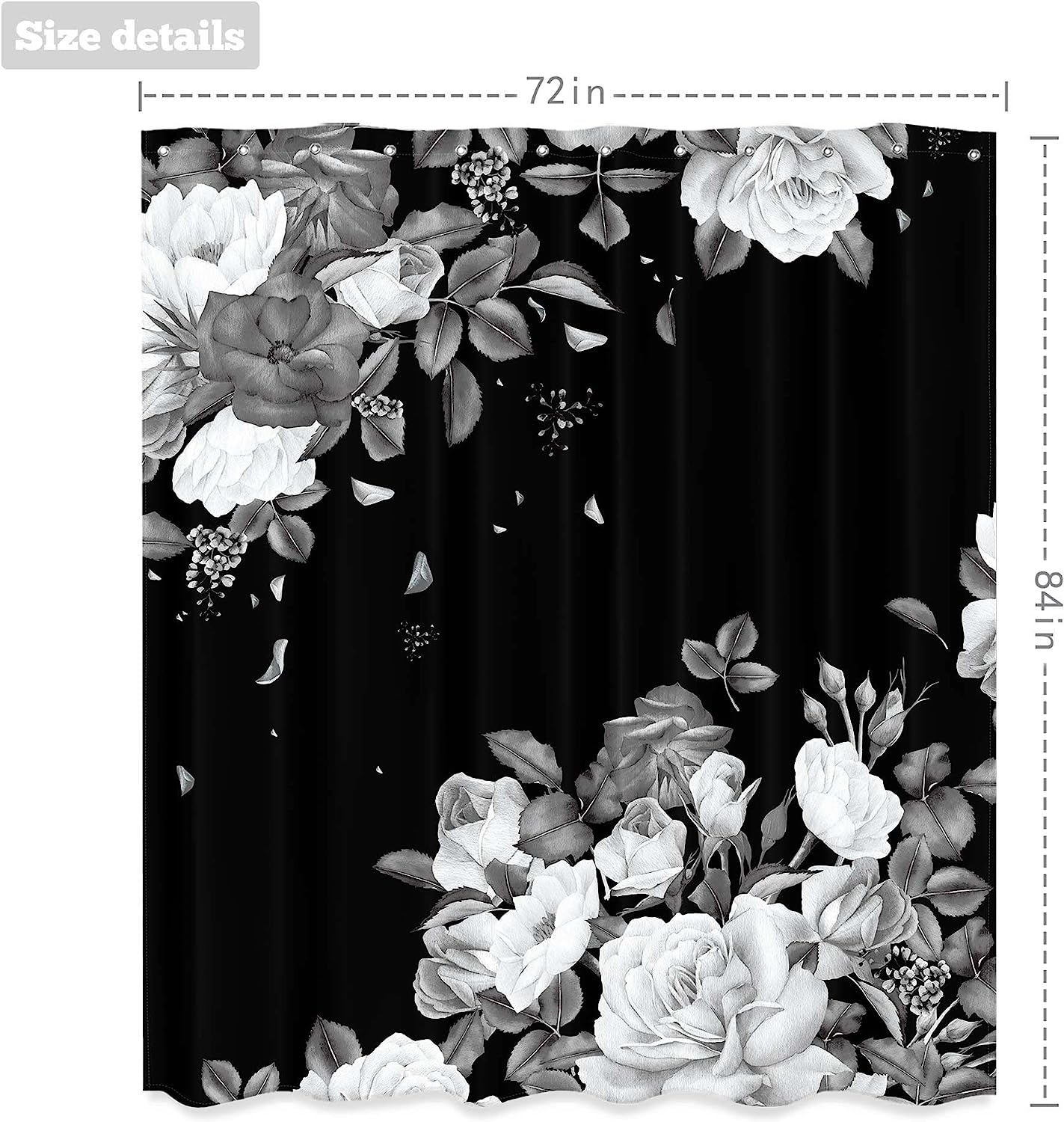 Black Floral White Blossom Roses Unique Modern Art Printed Shower Curtain