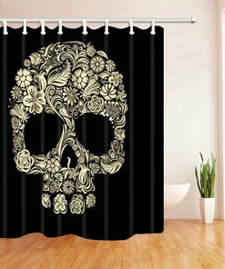 Black Flower Skull Fabric Shower Curtain - Vintage Flower Bathroom Decor 