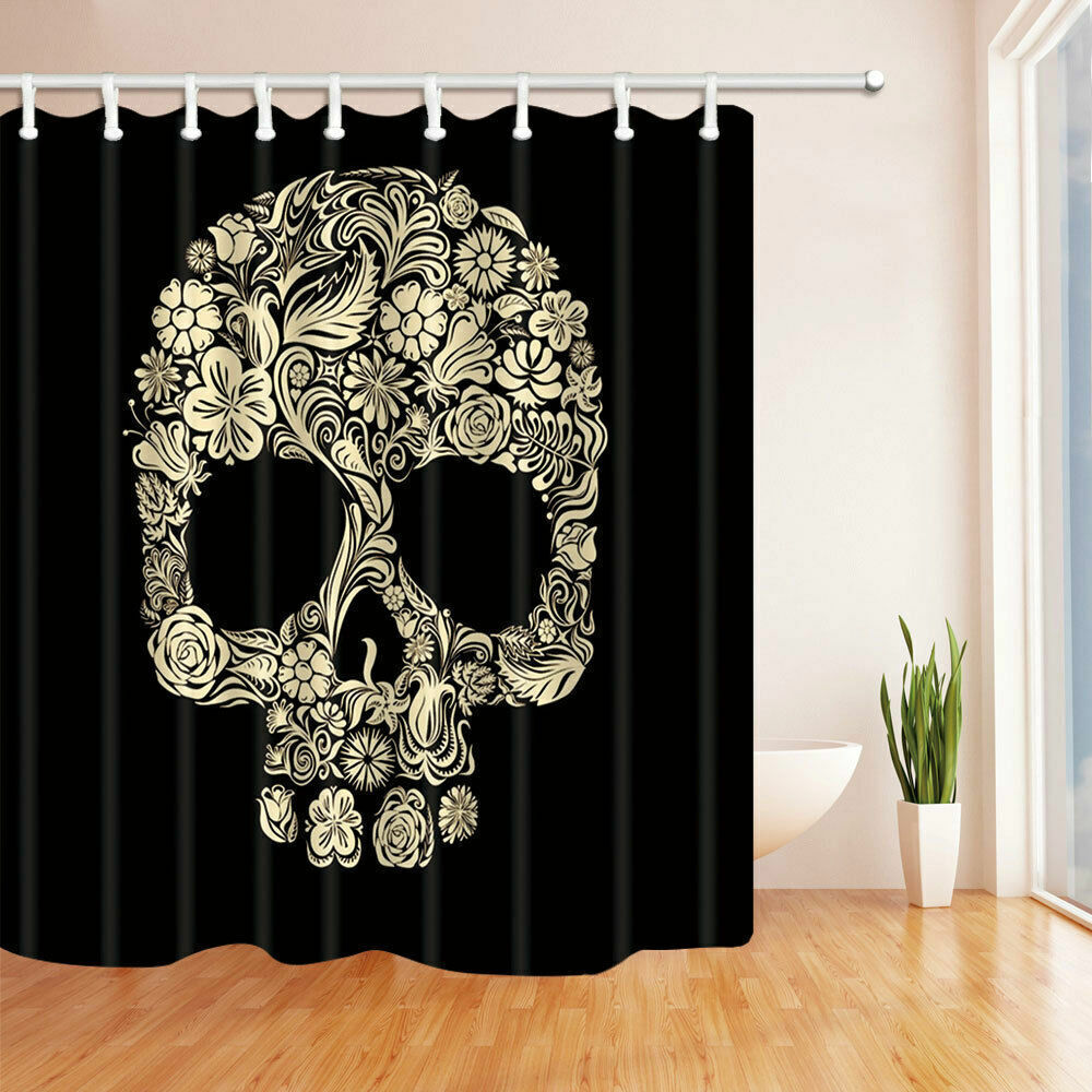 Black Flower Skull Fabric Shower Curtain - Vintage Flower Bathroom Decor