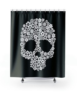Black Flower Skull Shower Curtain With Gothic Bathroom Print