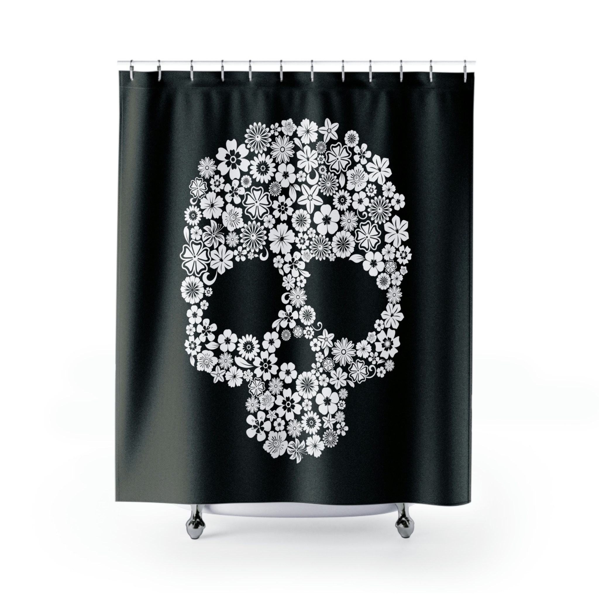 Black Flower Skull Shower Curtain With Gothic Bathroom Print