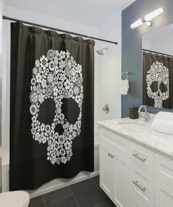 Black Flower Skull Shower Curtain With Gothic Bathroom Print