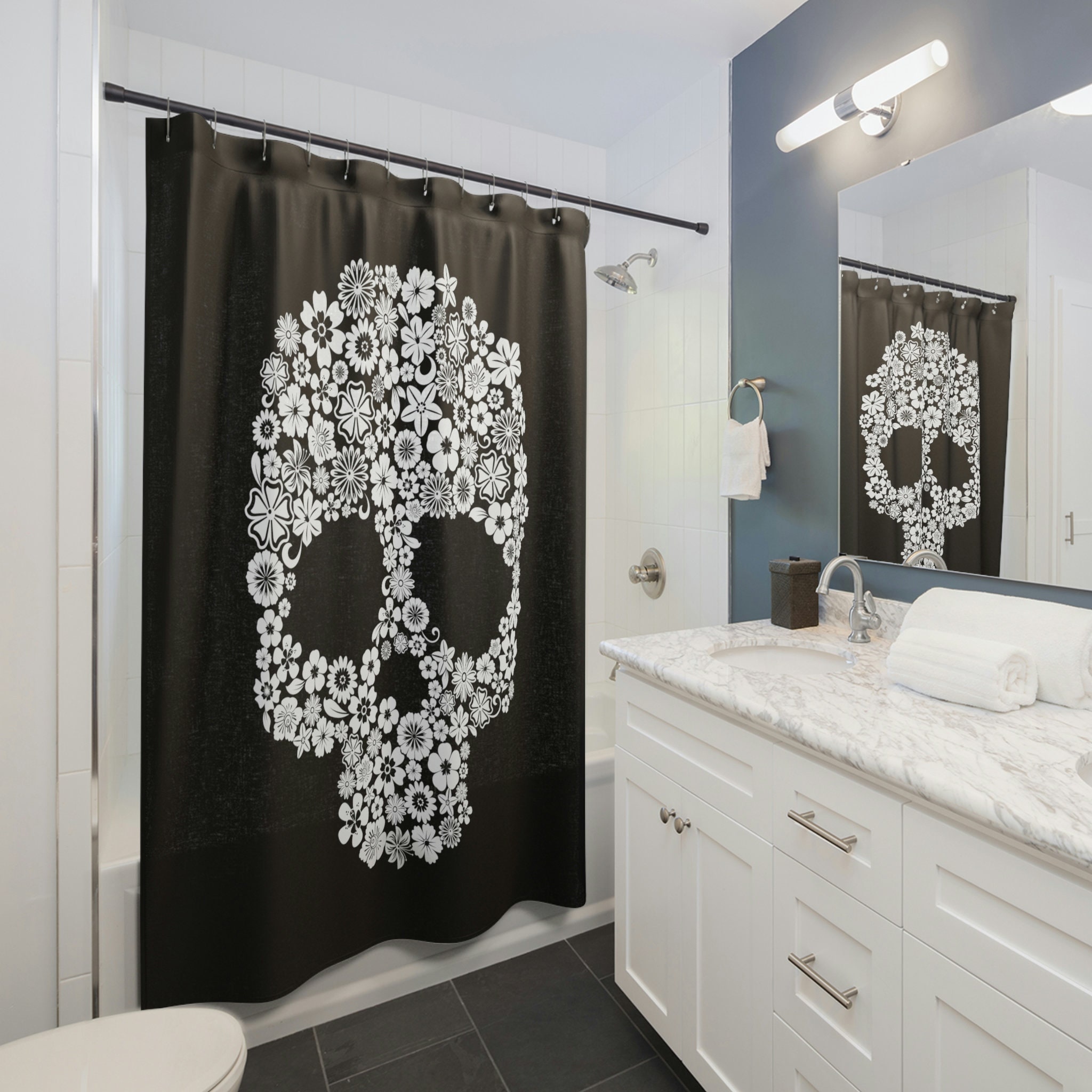 Black Flower Skull Shower Curtain With Gothic Bathroom Print