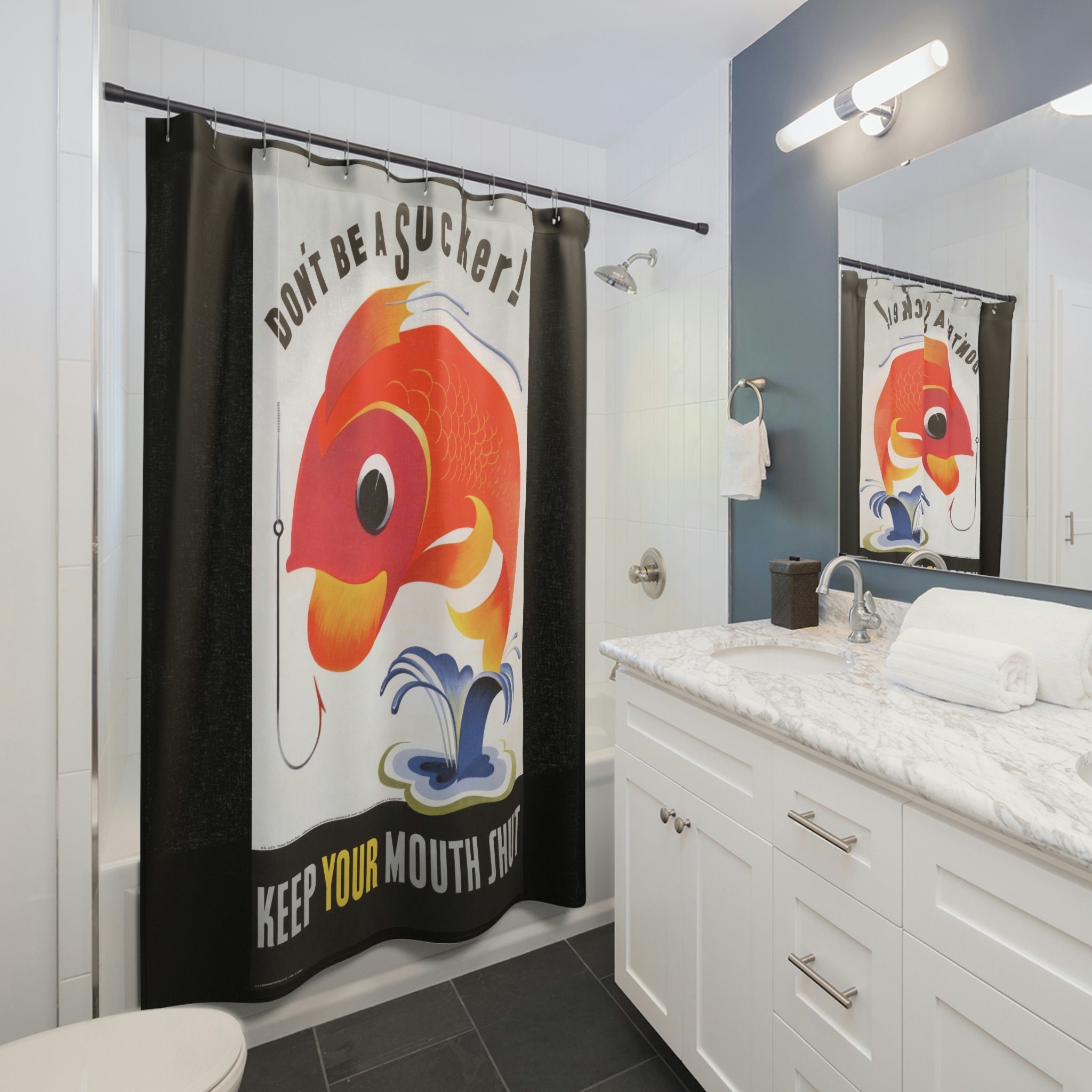 Black Funny Lithograph Fish Humor Shower Curtain - Fun Wedding Gift Idea