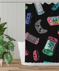 Black Game Video Game Controllers Shower Curtain Farmhouse Bathroom Decor Fabric