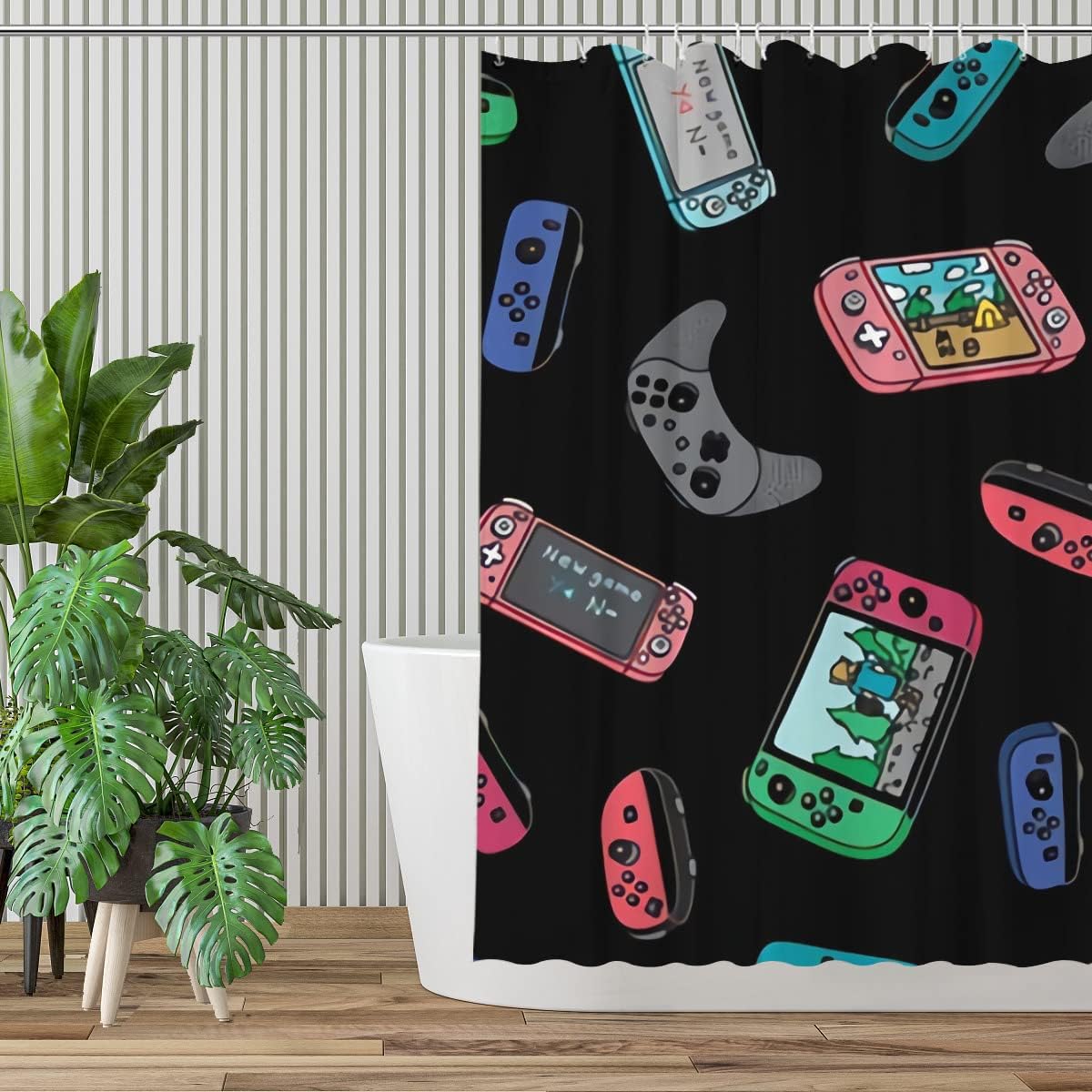 Black Game Video Game Controllers Shower Curtain Farmhouse Bathroom Decor Fabric