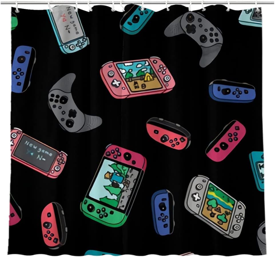Black Game Video Game Controllers Shower Curtain Farmhouse Bathroom Decor Fabric