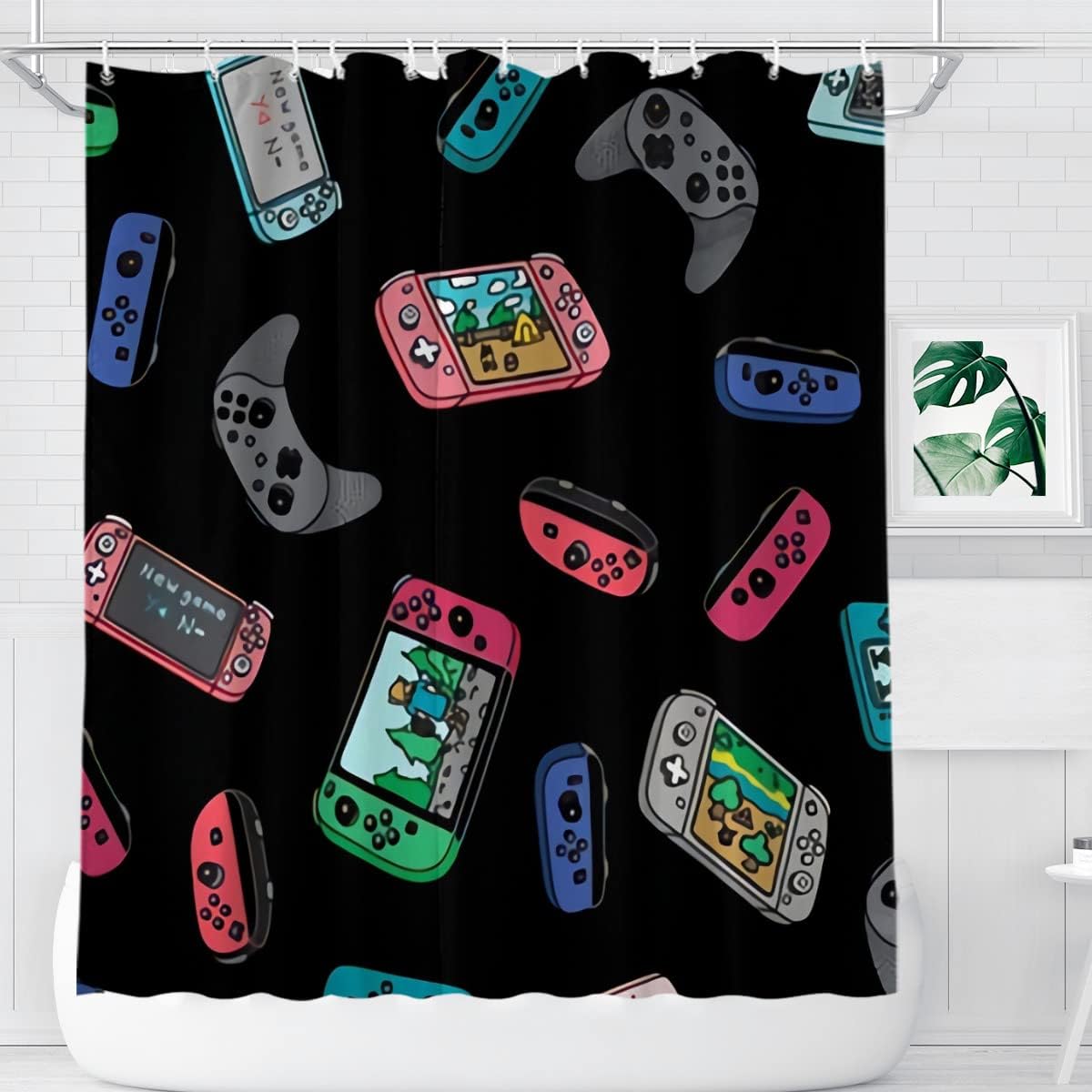 Black Game Video Game Controllers Shower Curtain Farmhouse Bathroom Decor Fabric