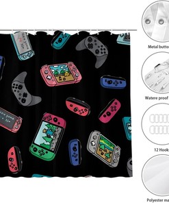 Black Game Video Game Controllers Shower Curtain Farmhouse Bathroom Decor Fabric