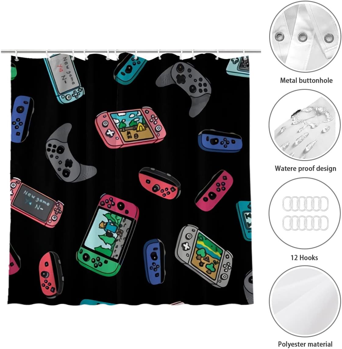 Black Game Video Game Controllers Shower Curtain Farmhouse Bathroom Decor Fabric