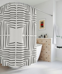 Black Geometric Art Boho Shower Curtain with Unique Line Pattern
