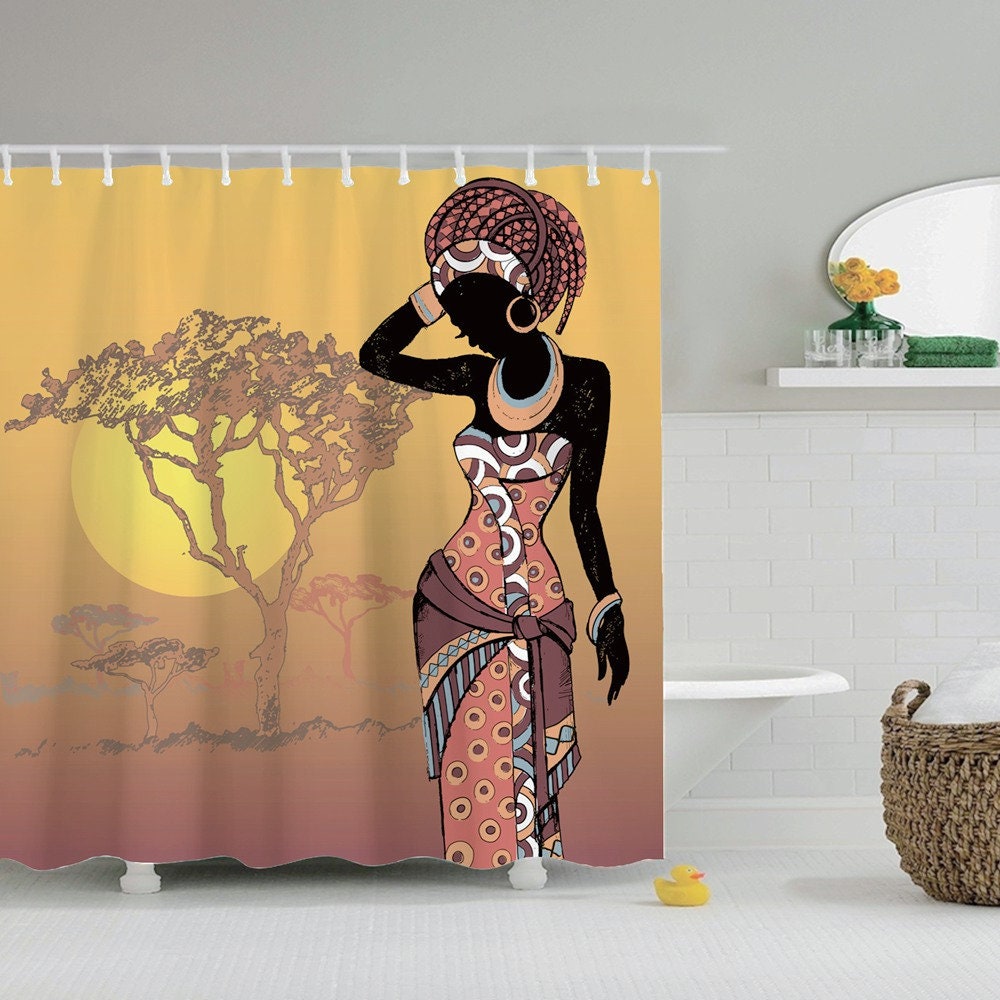 Black Girl African Style Landscape Sunset Shower Curtain For Modern Bathroom