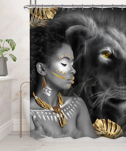 Black Girl Afro African Arty Shower Curtain, Gold Jungle Safari Lion Print, Bathroom Decor Waterproof Curtain 