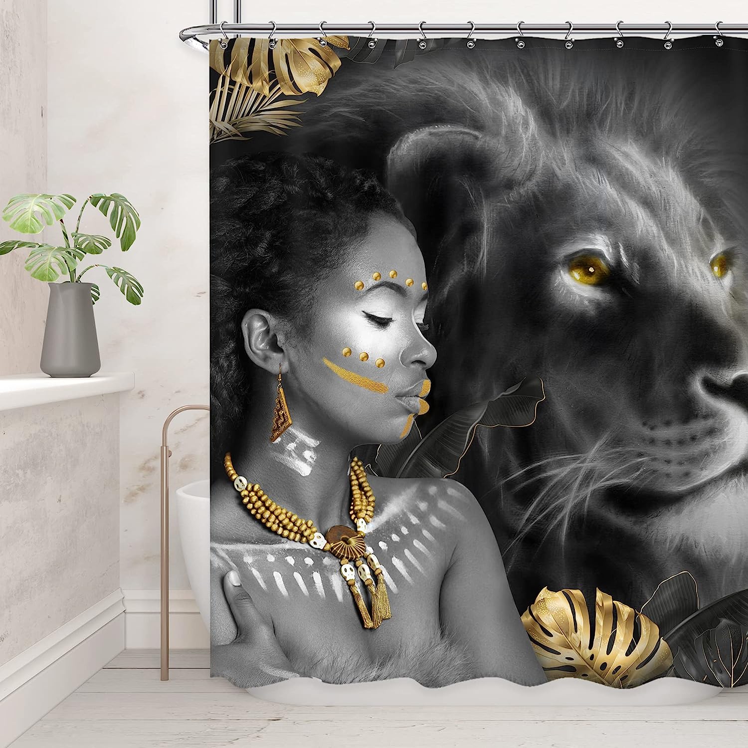 Black Girl Afro African Arty Shower Curtain, Gold Jungle Safari Lion Print, Bathroom Decor Waterproof Curtain