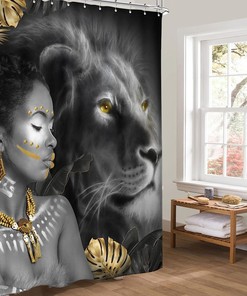 Black Girl Afro African Arty Shower Curtain, Gold Jungle Safari Lion Print, Bathroom Decor Waterproof Curtain