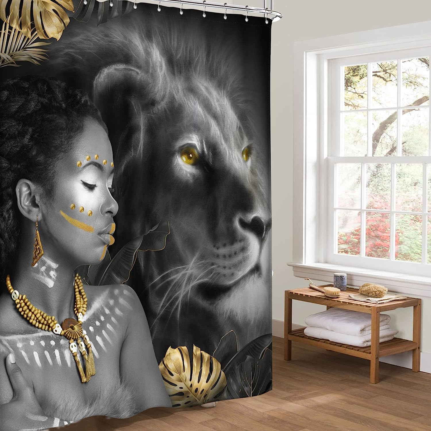 Black Girl Afro African Arty Shower Curtain, Gold Jungle Safari Lion Print, Bathroom Decor Waterproof Curtain