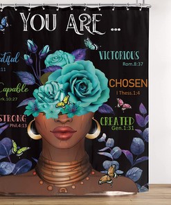 Black Girl Magic Shower Curtain - African American Women with Teal Rose and Eucalyptus Leaves