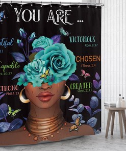 Black Girl Magic Shower Curtain - African American Women with Teal Rose and Eucalyptus Leaves