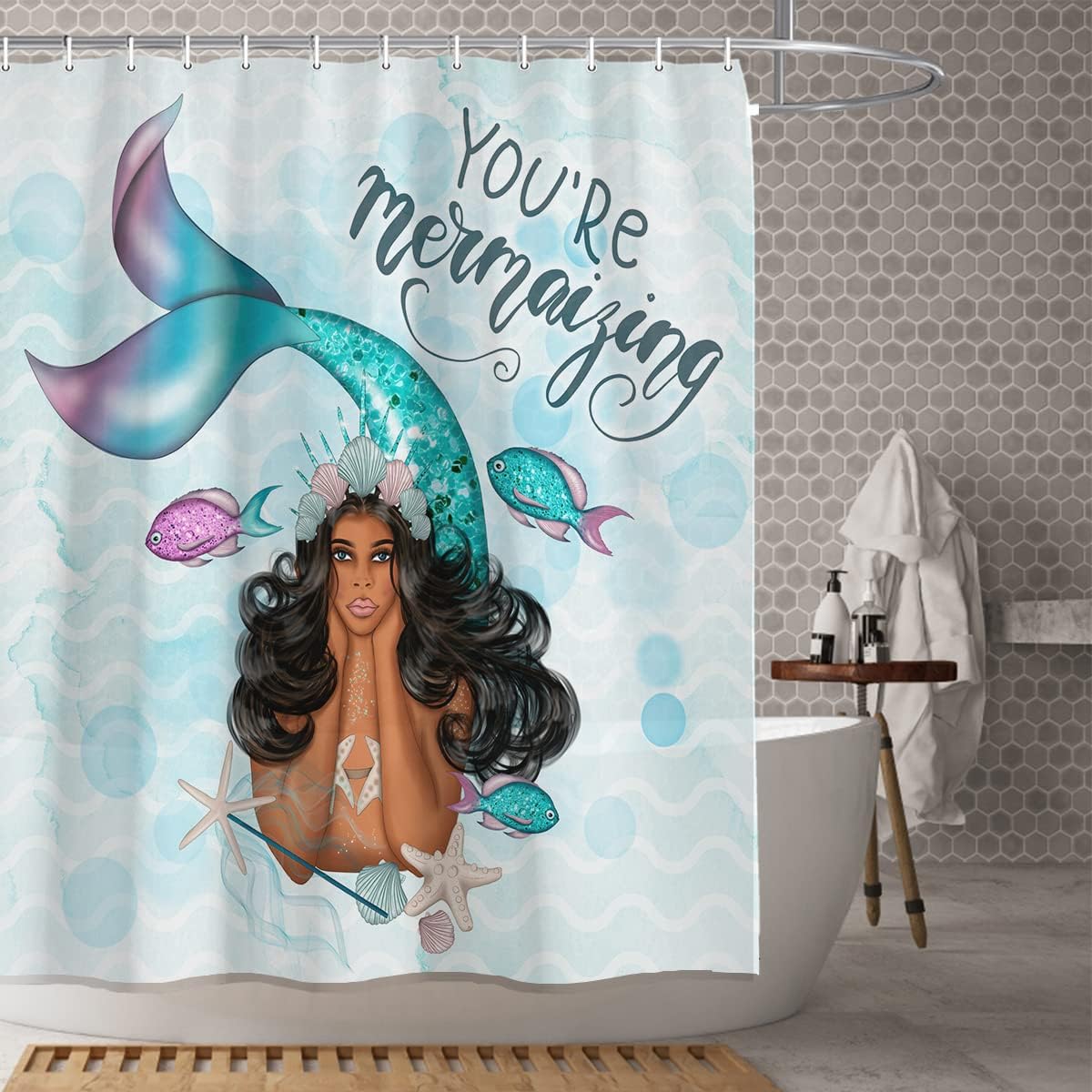 Black Girl Mermaid Fabric Shower Curtain, Kid'S Bathroom Decor, 71 Inches