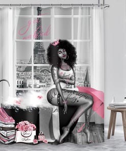 Black Girl Sexy Shower Curtain with Afro and Modern Pink Eiffel Tower Prints