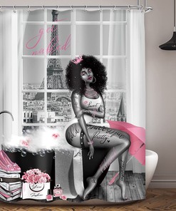 Black Girl Sexy Shower Curtain with Afro and Modern Pink Eiffel Tower Prints