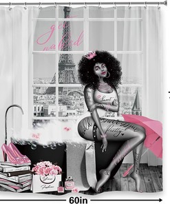 Black Girl Sexy Shower Curtain with Afro and Modern Pink Eiffel Tower Prints