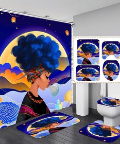 Black Girl Shower Curtain With Blue Accents For Bathroom
