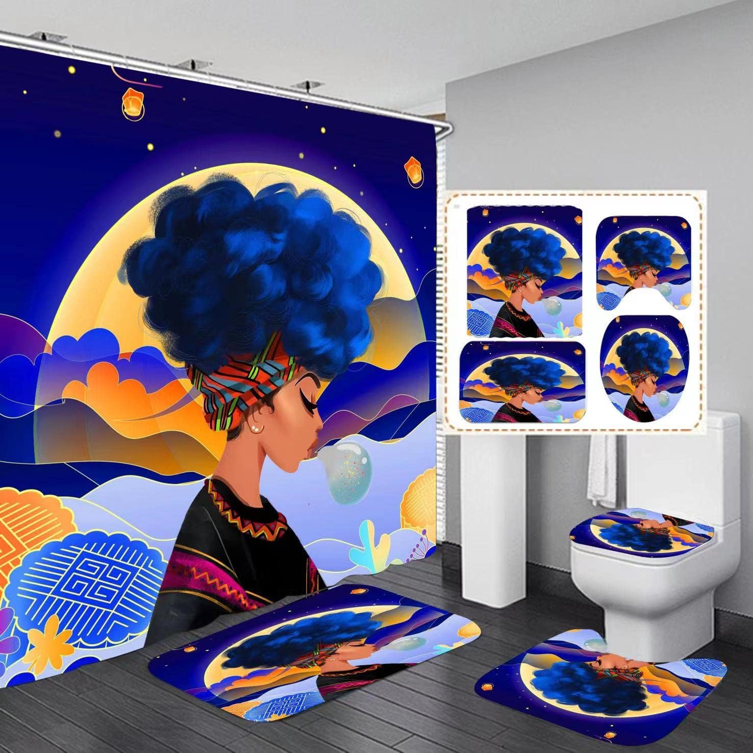 Black Girl Shower Curtain With Blue Accents For Bathroom