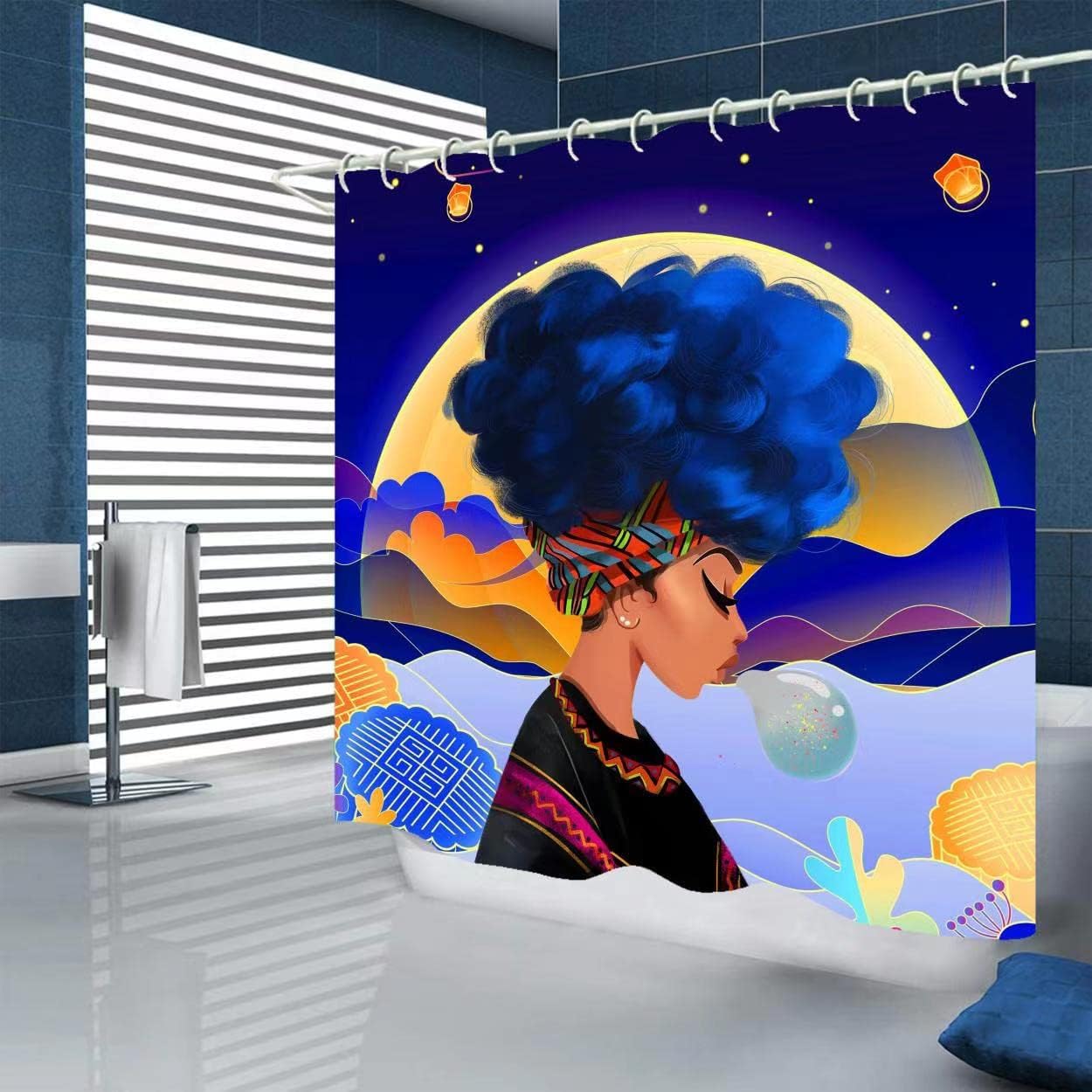 Black Girl Shower Curtain With Blue Accents For Bathroom - Image 2