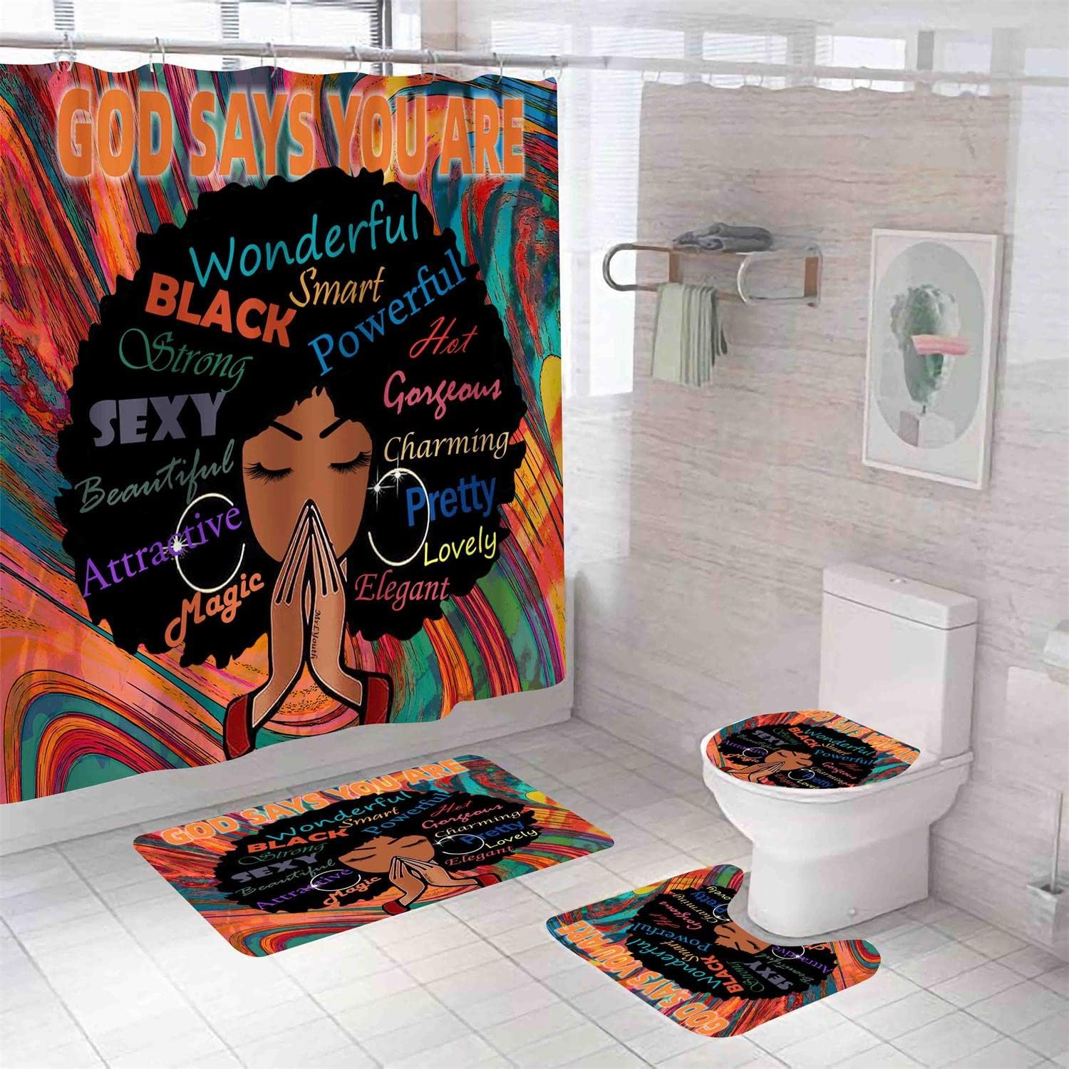 Black Girl Shower Curtain,African American Girl Vintage Bathroom Shower Curtains, Waterproof Fabric