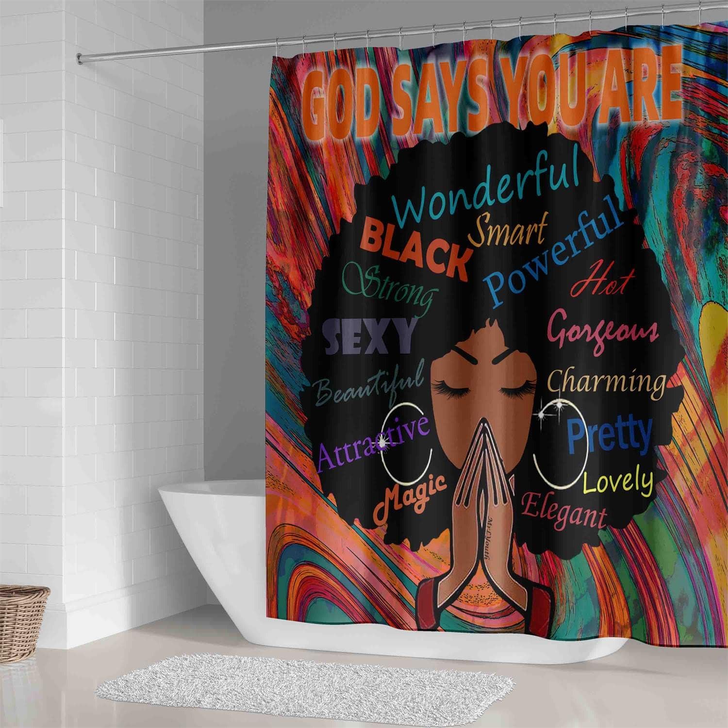 Black Girl Shower Curtain,African American Girl Vintage Bathroom Shower Curtains, Waterproof Fabric