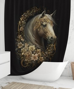 Black Gold Floral Print Horse Shower Curtain- Elegant Bathroom Decor for Horse Lovers 