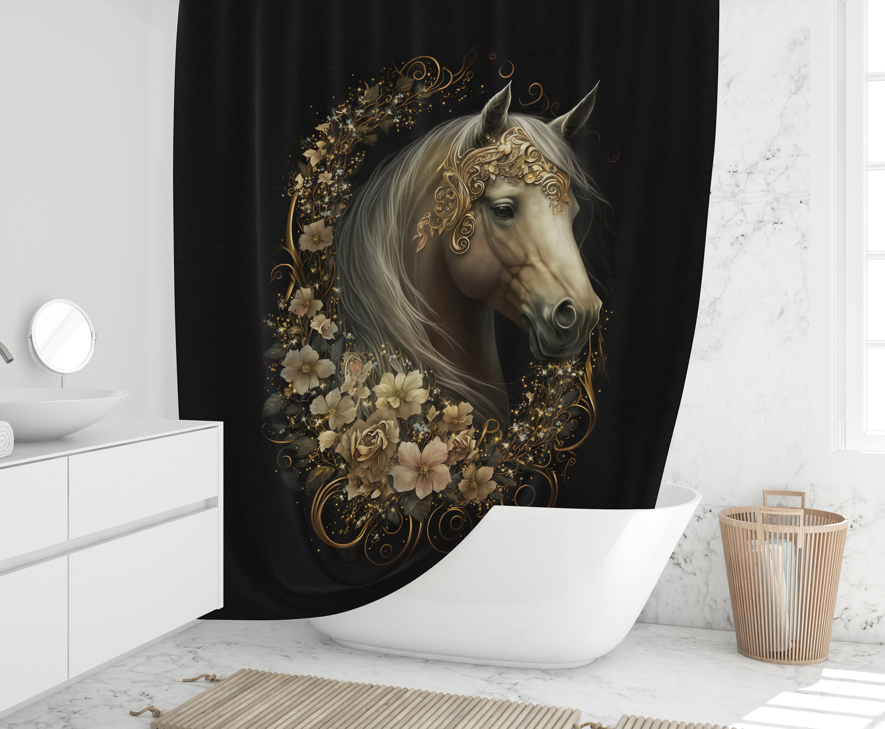 Black Gold Floral Print Horse Shower Curtain- Elegant Bathroom Decor for Horse Lovers