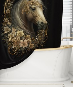 Black Gold Floral Print Horse Shower Curtain- Elegant Bathroom Decor for Horse Lovers