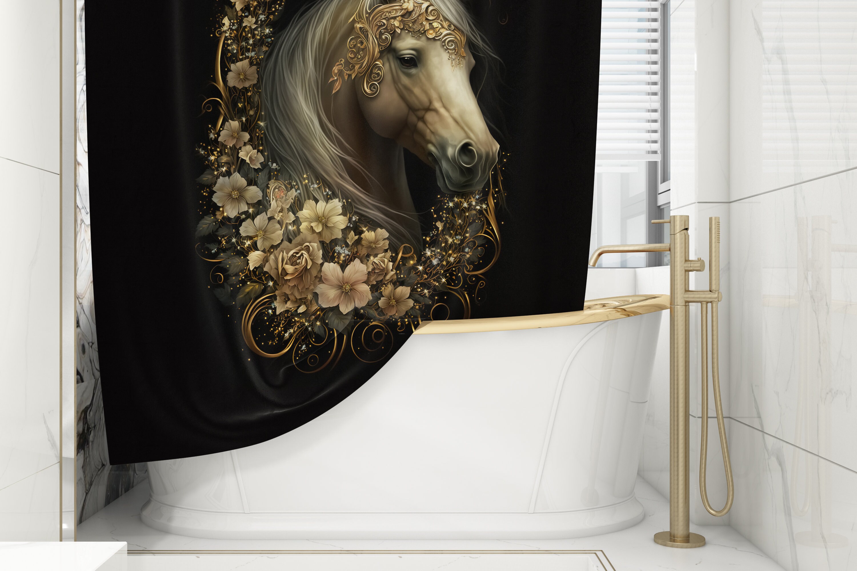 Black Gold Floral Print Horse Shower Curtain- Elegant Bathroom Decor for Horse Lovers