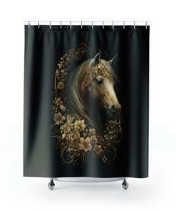 Black Gold Floral Print Horse Shower Curtain- Elegant Bathroom Decor for Horse Lovers