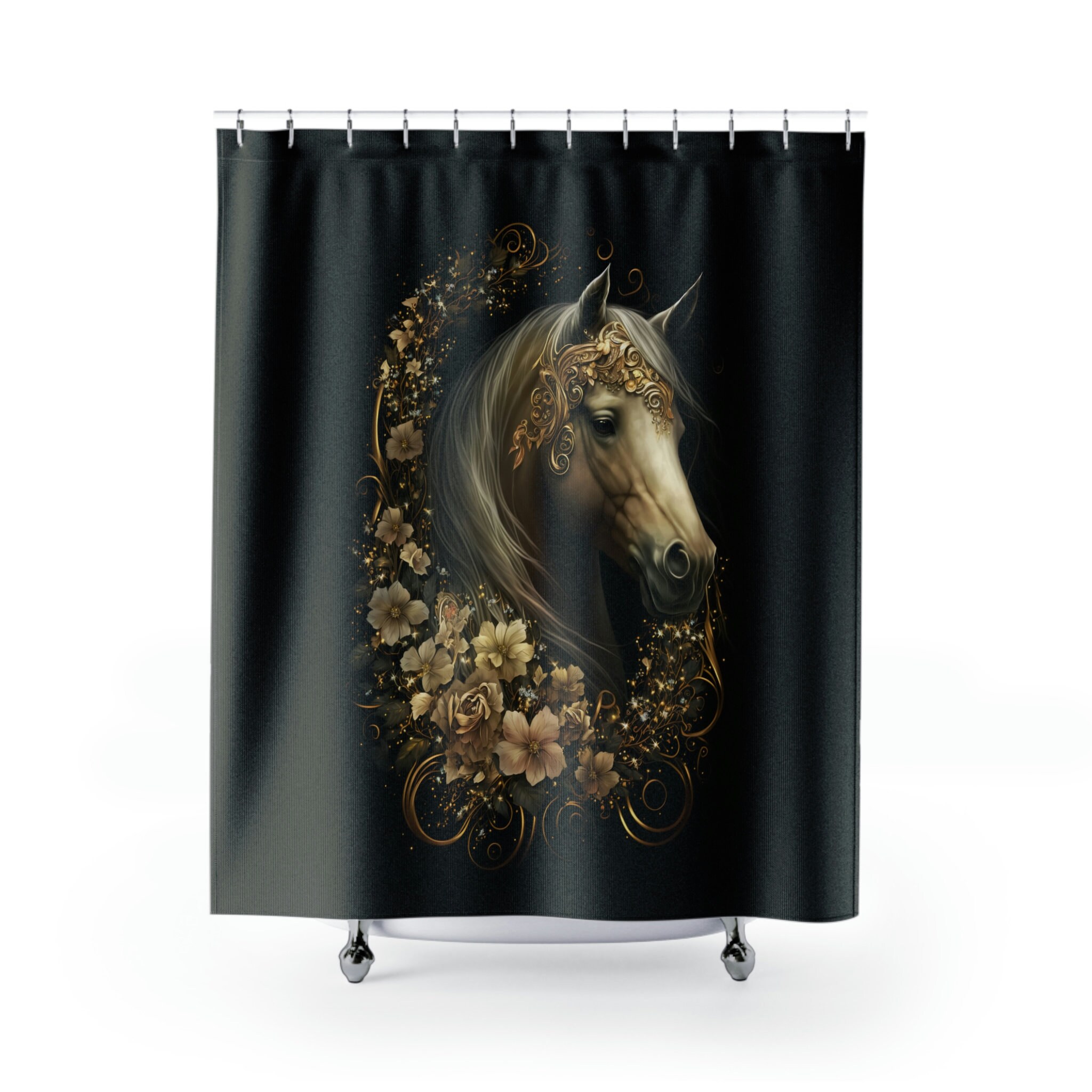 Black Gold Floral Print Horse Shower Curtain- Elegant Bathroom Decor for Horse Lovers