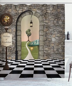 Black Green Welcome Wonderland Black And White Floor Mushroom Print Shower Curtain