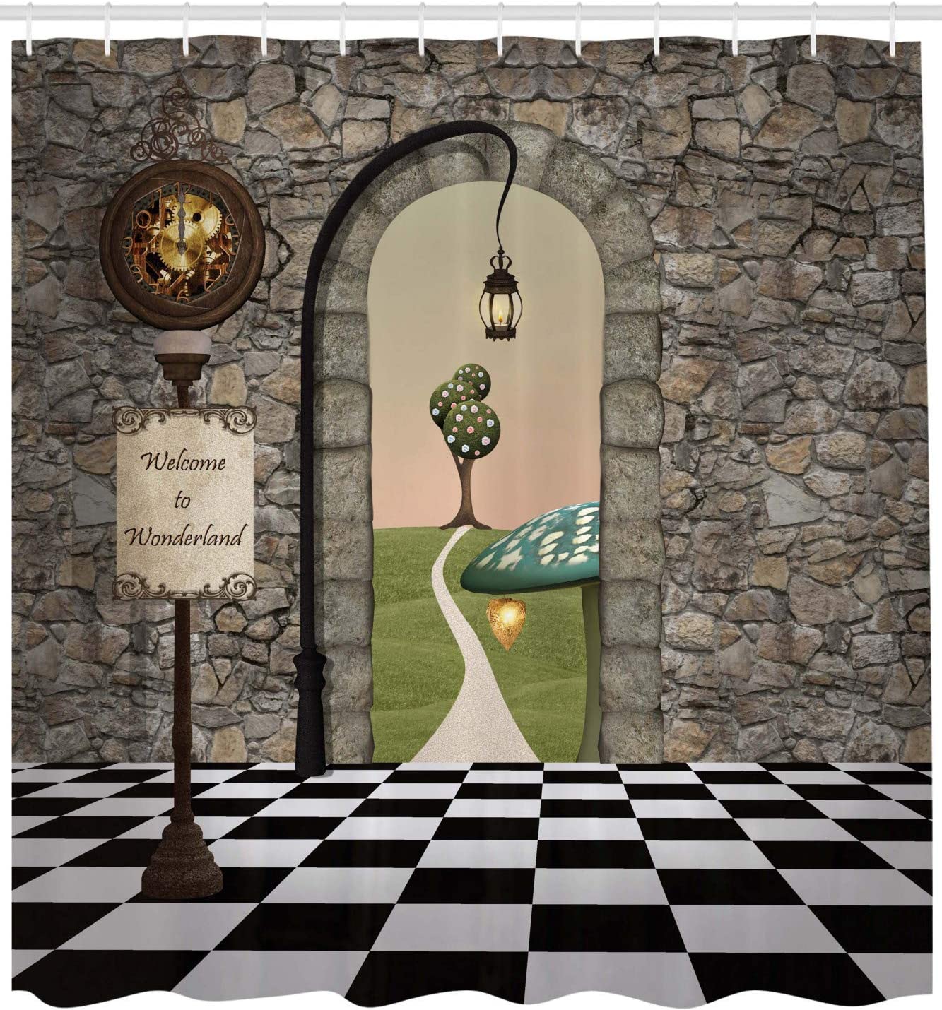 Black Green Welcome Wonderland Black And White Floor Mushroom Print Shower Curtain - Image 2