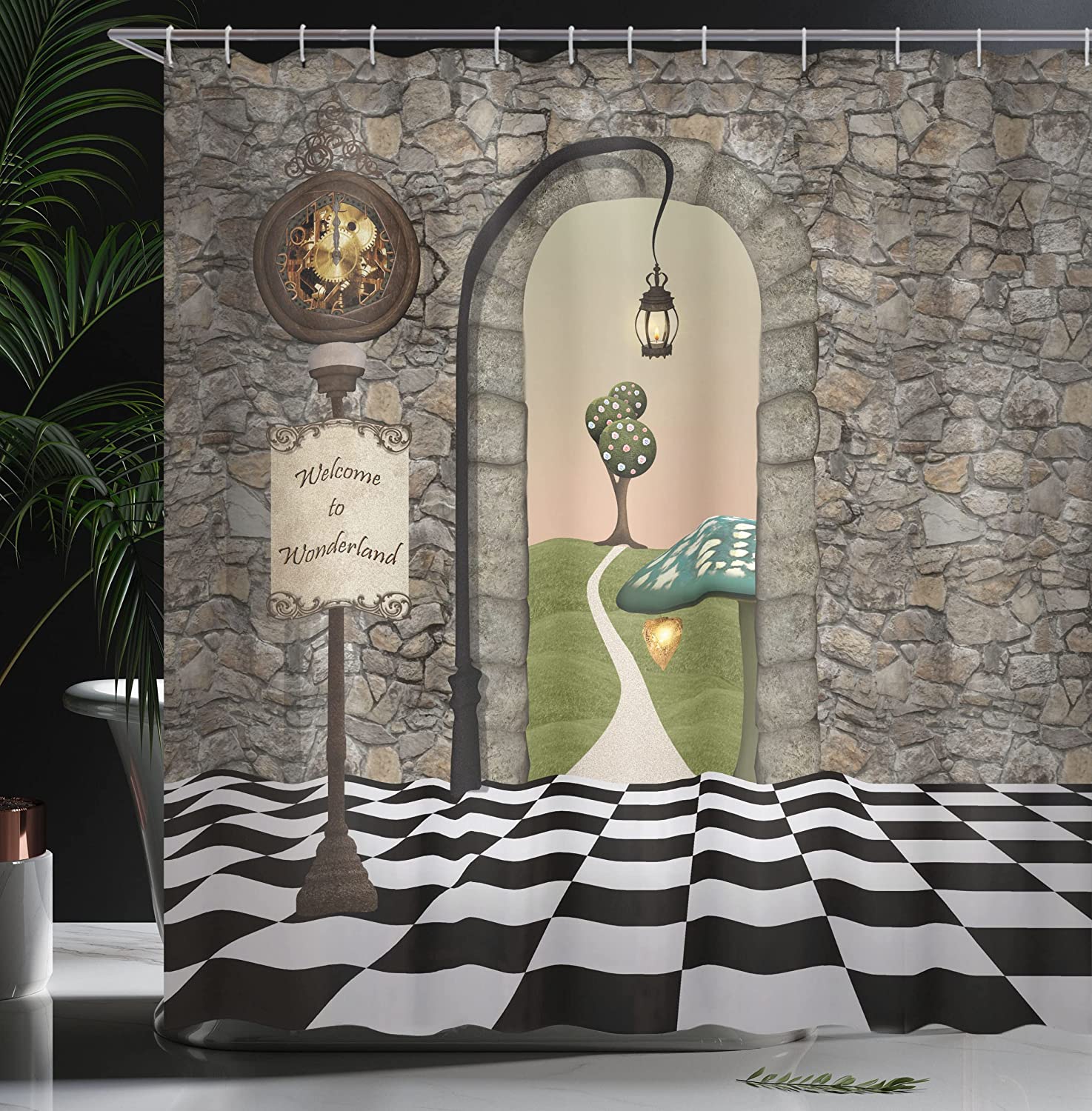 Black Green Welcome Wonderland Black And White Floor Mushroom Print Shower Curtain - Image 3
