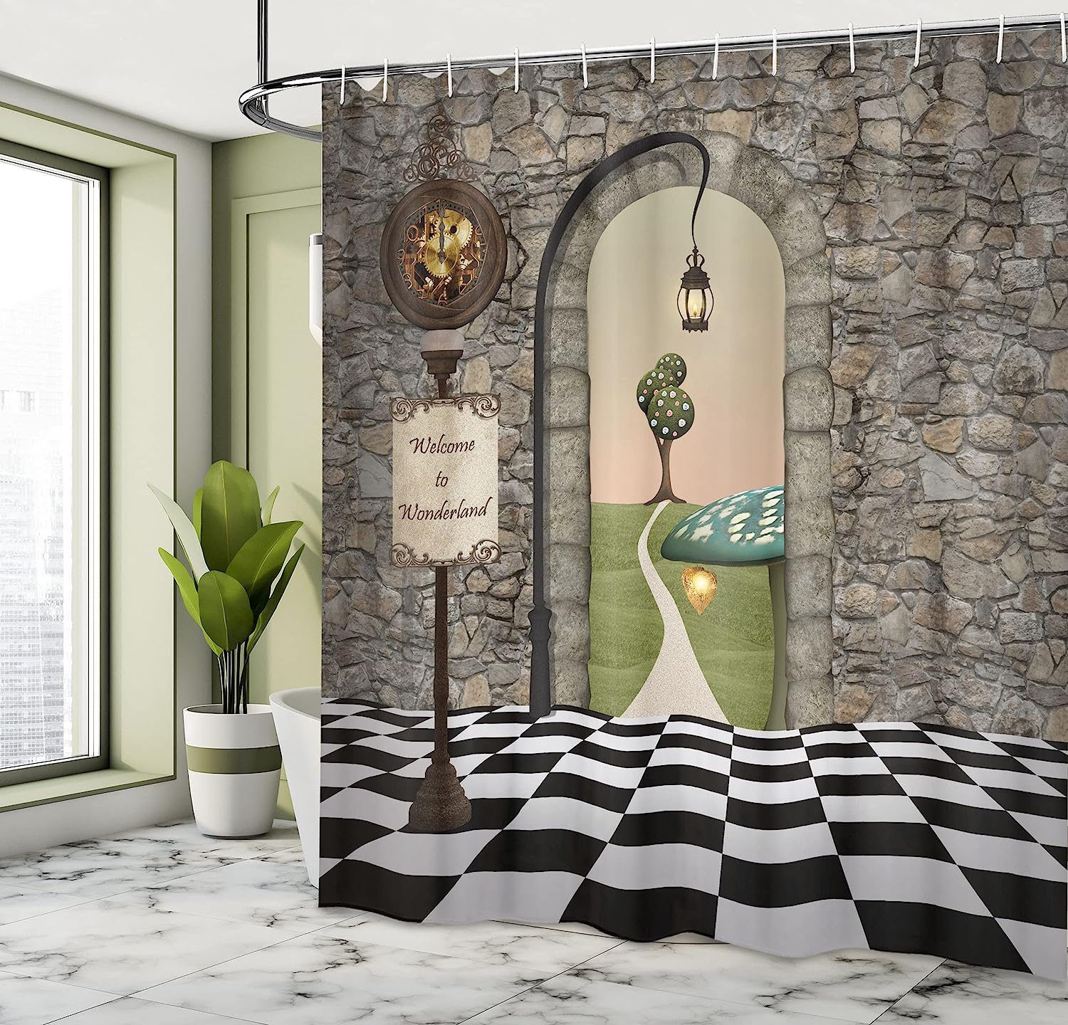 Black Green Welcome Wonderland Black And White Floor Mushroom Print Shower Curtain - Image 4
