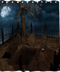 Black Halloween Shower Curtain - Spooky Night Full Moon Theme - Waterproof Washable Bathroom Decor