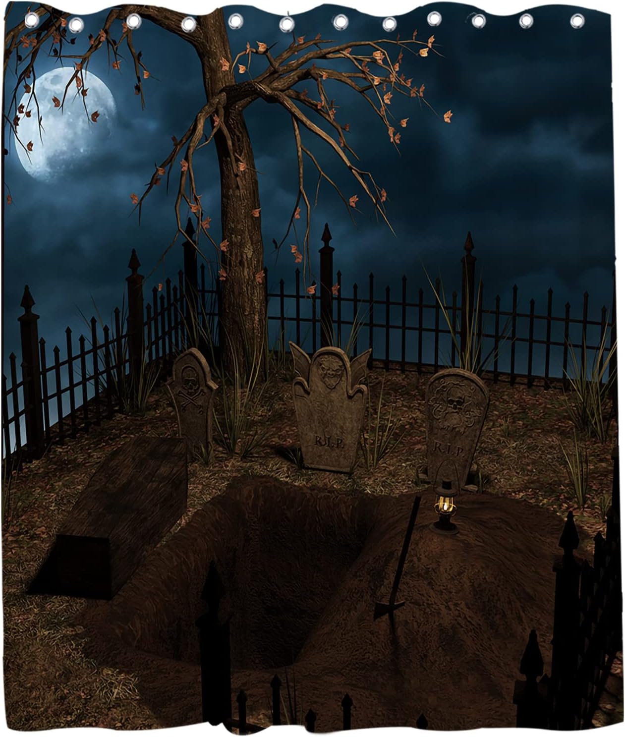 Black Halloween Shower Curtain - Spooky Night Full Moon Theme - Waterproof Washable Bathroom Decor