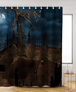 Black Halloween Shower Curtain - Spooky Night Full Moon Theme - Waterproof Washable Bathroom Decor