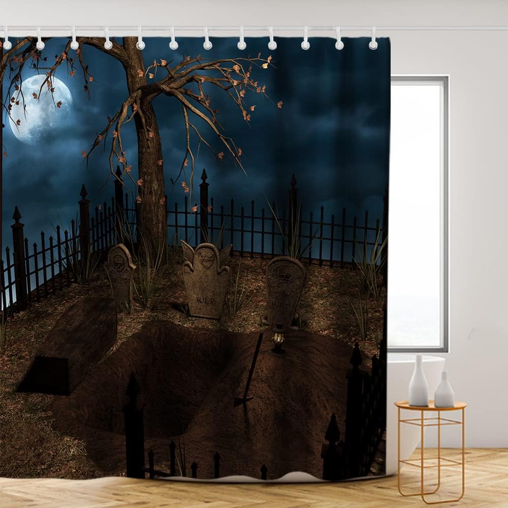 Black Halloween Shower Curtain - Spooky Night Full Moon Theme - Waterproof Washable Bathroom Decor