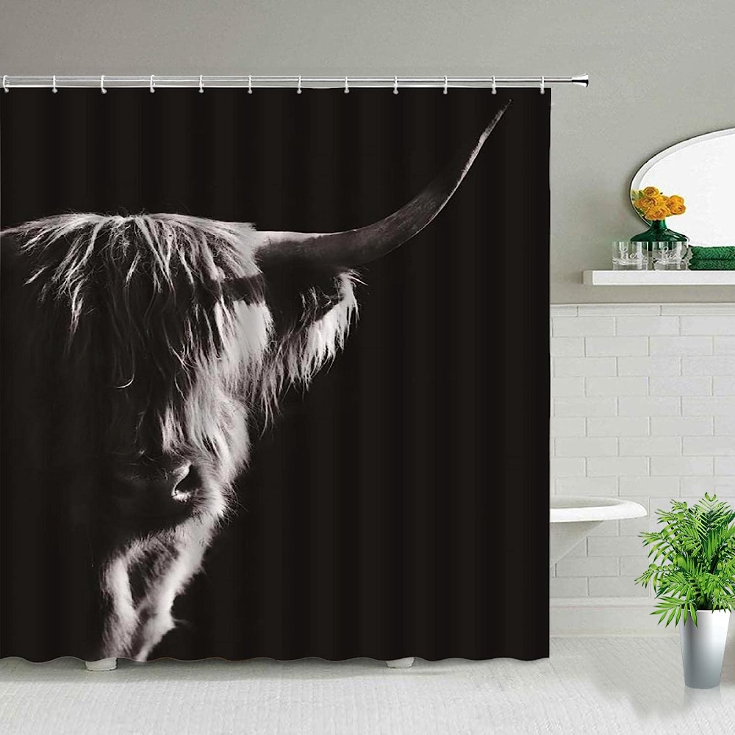 Black Highland Cows Shower Curtain, Western Wildlife and Bull Portrait Design for Bathroom